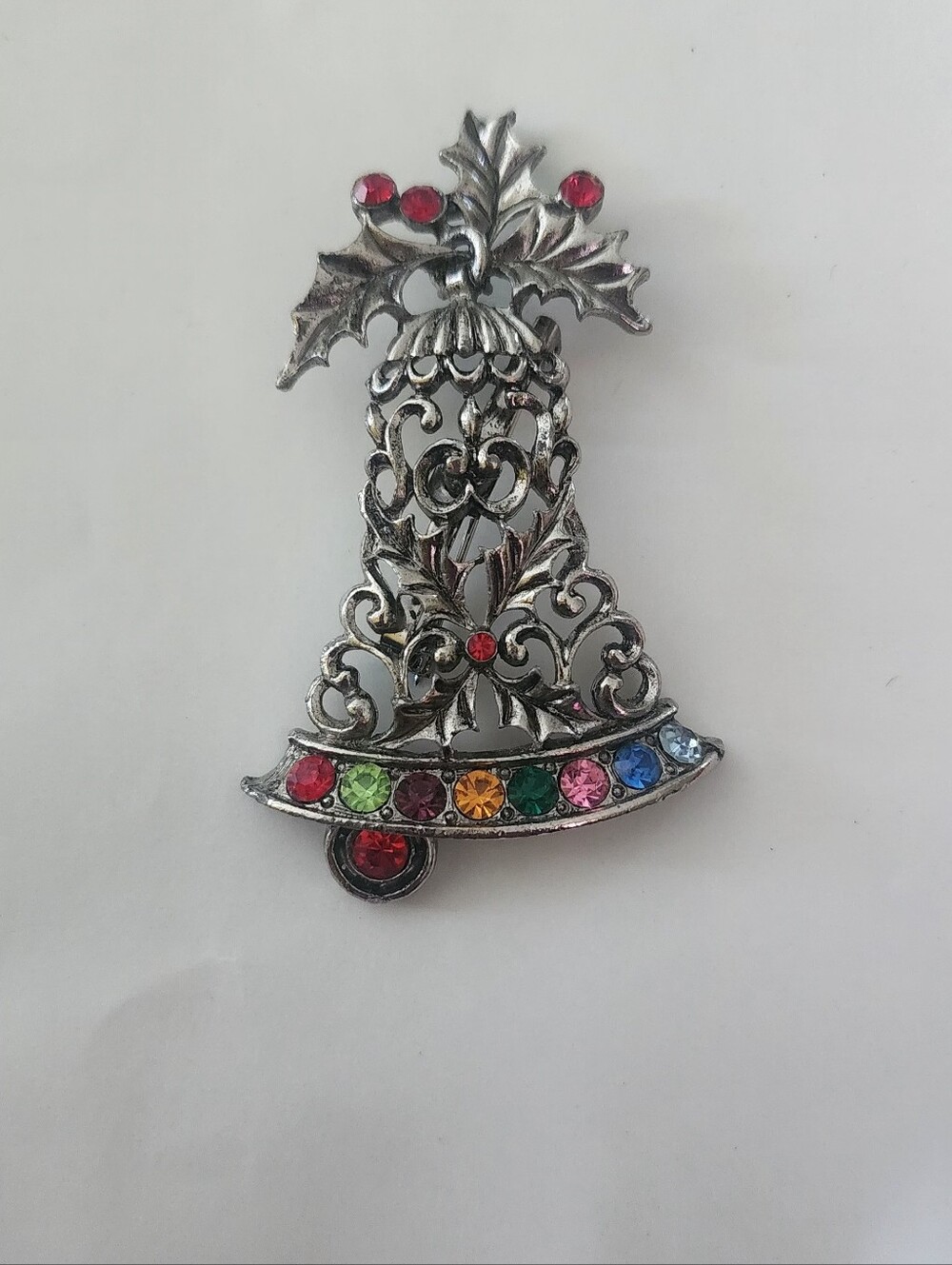 Silver-Tone Multicolor Bell Brooch with Ribbon Accent